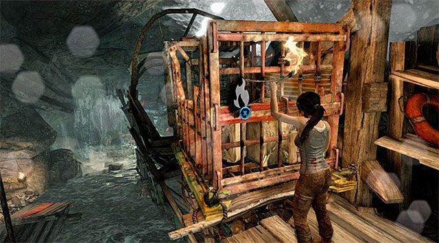 Zeskocz na dół, powróć na górne półki i tym razem zatrzymaj się przy pokazanej na screenie drugiej klatce - 2 - Siła woli - Znajdź wyjście | 1 - Przetrwaj, 2 - Siła woli | Tomb Raider - Tomb Raider - poradnik do gry