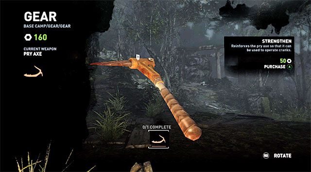 Po otwarciu okna obozowiska wybierz nowo udostępnioną zakładkę wydawania surowców na ulepszenia (Gear) i odblokuj upgrade Strenghten (Wzmocnienie) dla czekana kosztujący 50 jednostek (screen) (nagroda: 100 punktów doświadczenia) - Znajdź obozowisko i ulepsz czekan | 6 - W impasie | Solucja Tomb Raider - Tomb Raider - poradnik do gry