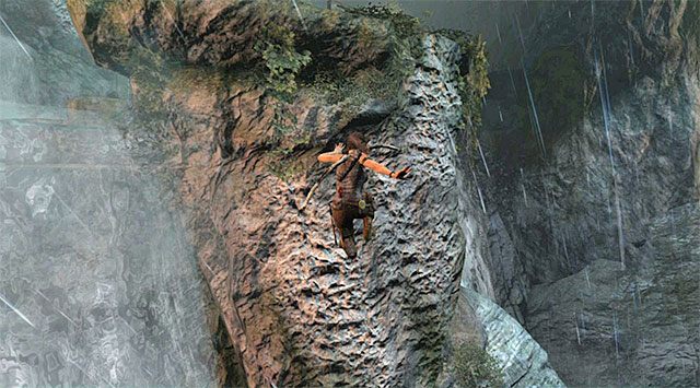 Obróć się nieznacznie w prawo i wykonaj skok w stronę kolejnej interaktywnej skały - Przedostań się do górnej części wodospadów | 8 - Wołanie o pomoc - Tomb Raider - poradnik do gry