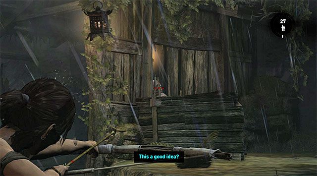 Po dotarciu w nowe miejsce szybko schowaj się za zasłoną, bo w okolicy przebywają nowi bandyci - Przedostań się do górnej części wodospadów | 8 - Wołanie o pomoc - Tomb Raider - poradnik do gry