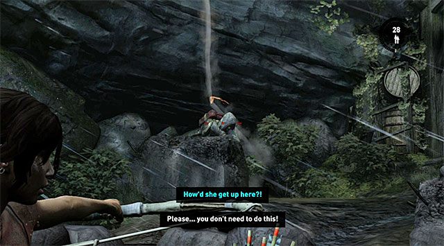 Musisz liczyć się z tym, że prędzej czy później zostaniesz zauważony przez bandytów i jeśli chcesz już na starcie zyskać niewielką przewagę to wyceluj w znajdującą się nad ich obozowiskiem lampę - Znajdź bunkier | 8 - Wołanie o pomoc | Solucja Tomb Raider - Tomb Raider - poradnik do gry