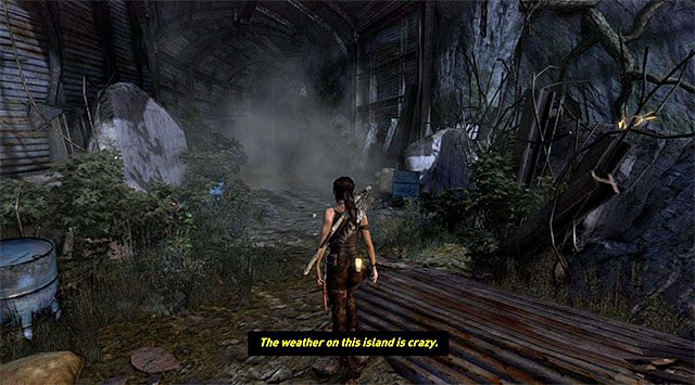 Podążaj na północny-wschód, docierając po kilku chwilach do nowego obozowiska (Broken Tunnel), w którym gra wyświetli dłuższy filmik przerywnikowy - Znajdź bunkier | 8 - Wołanie o pomoc | Solucja Tomb Raider - Tomb Raider - poradnik do gry