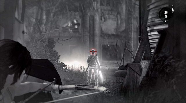Po wyłączeniu reflektora odczekaj chwilę aż sytuacja nieco się uspokoi i wyeliminuj wartownika odwróconego do Ciebie plecami, który stoi przy wyjściu z tunelu (screen) - Znajdź bunkier | 8 - Wołanie o pomoc | Solucja Tomb Raider - Tomb Raider - poradnik do gry