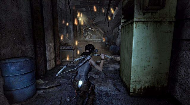 Ruszaj w stronę zamordowanych wrogów i wybierz prawe schody prowadzące na wyższy poziom bunkra - Znajdź konsolę łączności | 8 - Wołanie o pomoc | Solucja Tomb Raider - Tomb Raider - poradnik do gry