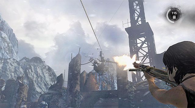 Tuż po znalezieniu się na wyższej półce rozpocznie się nowa bitwa - Dotrzyj na szczyt masztu radiowego, by wysłać sygnał SOS | 8 - Wołanie o pomoc - Tomb Raider - poradnik do gry