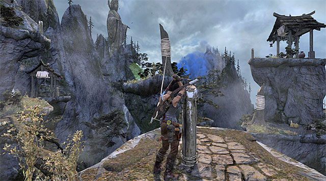 Nie korzystaj ze strzały z liną tylko zeskocz na dół, lądując przy niewielkim strumyku - Dotrzyj do sygnału dymnego | 10 - Nieczyste sumienie, 11 - Kolejny bałagan - Tomb Raider - poradnik do gry