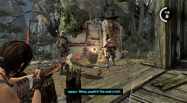 Nie wspinaj się od razu, tylko zaczekaj aż jeden z wartowników zbada chatkę, do której wpadła główna bohaterka - Zejdź do bazy Solarii | 12 - Przyjaciółka w potrzebie | Solucja Tomb Raider - Tomb Raider - poradnik do gry