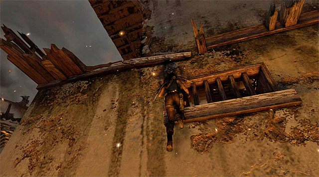 Po dotarciu do górnej części interaktywnej ściany wychyl się w lewo i wykonaj skok w stronę sąsiedniej krawędzi - Przedostań się do pałacu; Znajdź Sam | 17 - Prosto w ogień | Solucja Tomb Raider - Tomb Raider - poradnik do gry