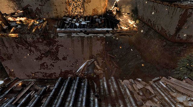 Zejdź na niżej położony fragment dachu i ustaw się w pokazanym na screenie miejscu - Przedostań się do pałacu; Znajdź Sam | 17 - Prosto w ogień | Solucja Tomb Raider - Tomb Raider - poradnik do gry