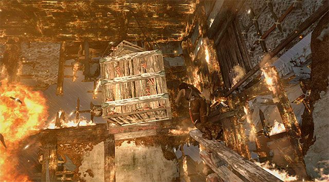 Doskocz do interaktywnej krawędzi, wdrap się na drewnianą belkę i obróć się w lewo - Przedostań się na szczyt wieży; Doskocz do śmigłowca | 18 - Dotrzyj do śmigłowca - Tomb Raider - poradnik do gry