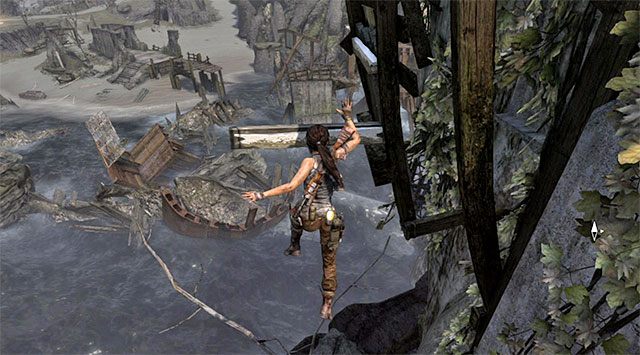 Po tym jak Lara wdrapie się na nową półkę wyrusz dalej, doskakując do wystającej z latarni pojedynczej belki - Dotrzyj do wraku okrętu Endurance (1) | 22 - Zaginiony | Solucja Tomb Raider - Tomb Raider - poradnik do gry