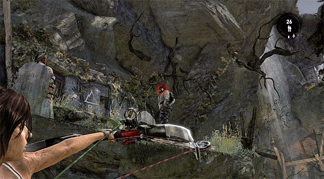 Pozostań za zasłoną, za którą domyślnie powinna skryć się Lara, bo w okolicy przebywa dwóch bandytów - Dotrzyj do wraku okrętu Endurance (2) | 22 - Zaginiony | Solucja Tomb Raider - Tomb Raider - poradnik do gry