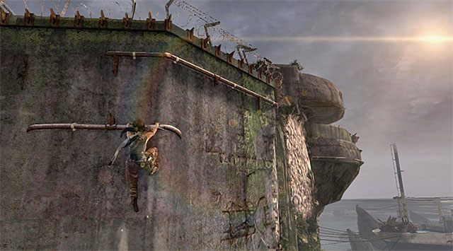 Zjedź po linie, wciskając przycisk/klawisz interakcji niedługo przed zderzeniem się ze ścianą - Dotrzyj do wraku okrętu Endurance (2) | 22 - Zaginiony | Solucja Tomb Raider - Tomb Raider - poradnik do gry