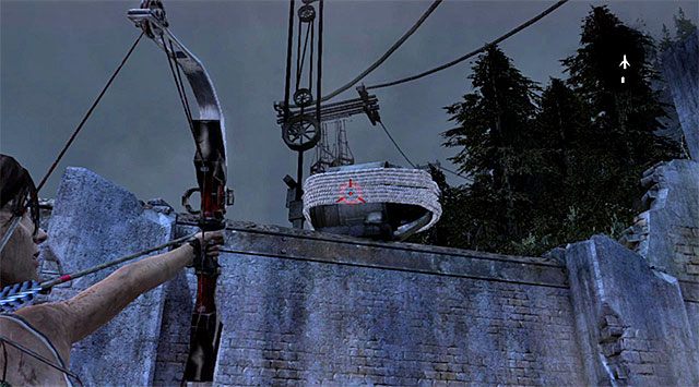 Podejdź do bunkra i użyj strzały z liną w połączeniu z wciągarką do złapania się pokazanego na screenie obiektu - Odzyskaj narzędzia Reyes; Powróć do bunkra | 22 - Zaginiony | Tomb Raider - Tomb Raider - poradnik do gry