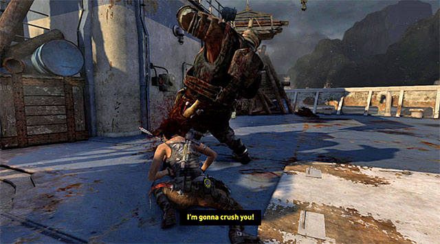 Oprócz wykonywania uników możesz też dążyć do spowalniania przeciwnika poprzez wyprowadzanie specjalnych ataków (screen), przy czym jest to oczywiście możliwe tylko jeśli odblokowałeś stosowne umiejętności w zamian za zdobyte punkty doświadczenia - Znajdź Alexa | 22 - Zaginiony | Solucja Tomb Raider - Tomb Raider - poradnik do gry