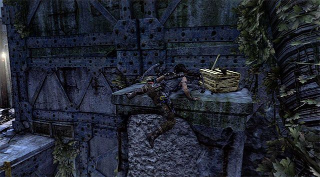 Zatrzymaj się w miejscu, w którym kończy się rynna i doskocz do znajdującej się nad Tobą żółtej drabinki - Wejdź do ośrodka badawczego | 23 - Łowca burz | Solucja Tomb Raider - Tomb Raider - poradnik do gry