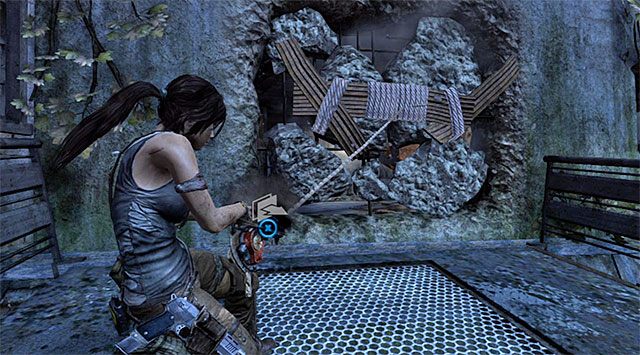 Wyrusz prosto, będąc gotowym na wykonanie skoku w stronę widocznej w oddali żółtej drabinki - Wejdź do ośrodka badawczego | 23 - Łowca burz | Solucja Tomb Raider - Tomb Raider - poradnik do gry