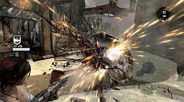 Począwszy od tego miejsca musisz także uważać na wartowników wyposażonych w tarcze - Uratuj Sam porwaną przez Mathiasa (1) | 24 - Powrót | Solucja Tomb Raider - Tomb Raider - poradnik do gry