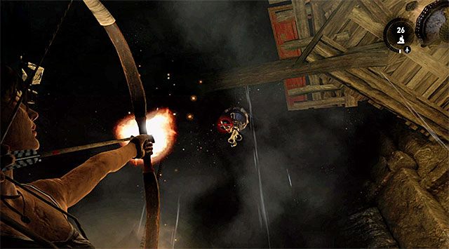 W grobowcu panują ciemności i choć teoretycznie mógłbyś wspomagać się instynktem przetrwania do nawigowania po okolicy to jednak lepiej będzie użyć ognistych strzał do zapalenia co najmniej kilku okolicznych lamp - Opcjonalne grobowce - Summit Forest (las na szczycie) | Opcjonalne grobowce - Shantytown i Summit Forest - Tomb Raider - poradnik do gry