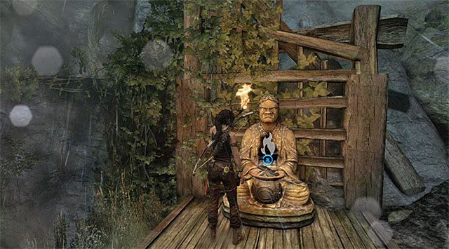 Podejdź do statuy i użyj pochodni (nagroda: 10 punktów doświadczenia) - Oświecenie (01 - 05) | Sekrety - Mountain Village (Wioska w górach) - Tomb Raider - poradnik do gry