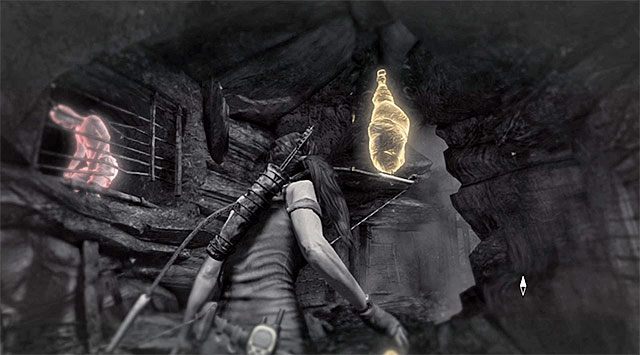 Po dotarciu do obszaru z klatkami sprawdź sufit, dzięki czemu szybko zlokalizujesz nadający się do podpalenia worek (nagroda: 10 punktów doświadczenia) - Podpalacz | Sekrety - Geothermal Caverns i Solarii Fortress | Tomb Raider - Tomb Raider - poradnik do gry