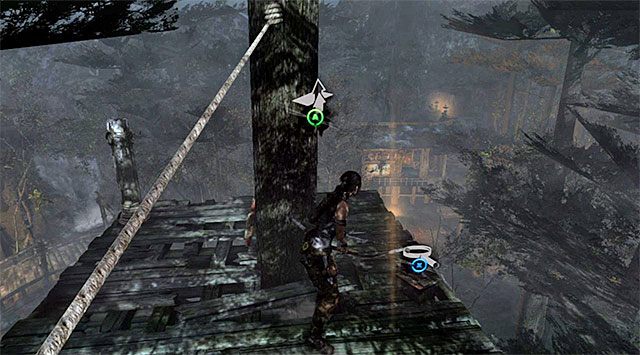 Przemieszczaj się po linie ku widocznej w oddali niewielkiej drewnianej platformie - Relikty | Sekrety - Summit Forest (Las na szczycie) | Sekrety Tomb Raider - Tomb Raider - poradnik do gry