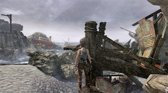 Przeskocz na wystający z piasku drewniany pal, starając się na nim bezbłędnie wylądować - Geoskrzynki (08 - 15) | Sekrety - Shipwreck Beach (Plaża wraków) | Tomb Raider - Tomb Raider - poradnik do gry