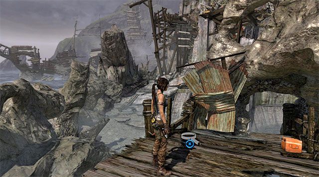 Na sam koniec doskocz do wspomnianej wyżej drewnianej półki z zamiarem zdobycia pojemnika (nagroda: 5 punktów doświadczenia) - Geoskrzynki (08 - 15) | Sekrety - Shipwreck Beach (Plaża wraków) | Tomb Raider - Tomb Raider - poradnik do gry