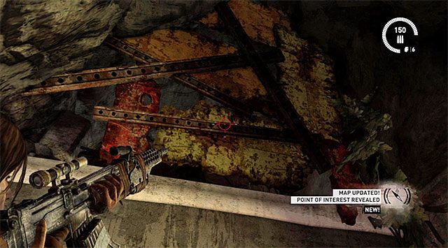 Wdrap się na nową półkę, obróć się w lewo i ponownie utoruj sobie drogę z wykorzystaniem granatnika - Relikty | Sekrety - Research Base i Chasm Stronghold | Sekrety Tomb Raider - Tomb Raider - poradnik do gry