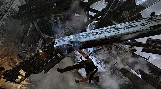 Złap się liny i zacznij przemieszczać się po niej w stronę mostu - Uratuj Sam porwaną przez Mathiasa (2) | 24 - Powrót | Solucja Tomb Raider - Tomb Raider - poradnik do gry