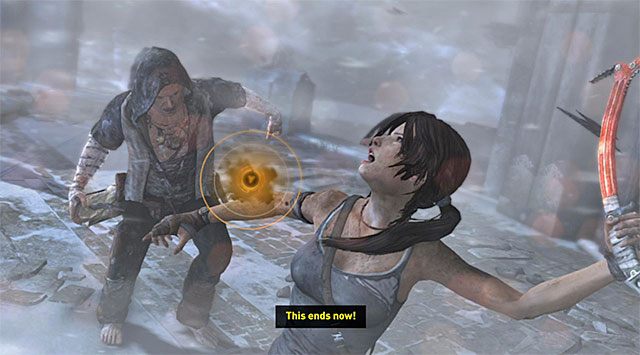 Na sam koniec gry czeka Cię pojedynek z Mathiasem, który na szczęście pełni rolę niezbyt rozbudowanej sekwencji QTE - Przyczyń się do zakończenia burz dzięki przerwaniu rytuału wstąpienia | 24 - Powrót - Tomb Raider - poradnik do gry