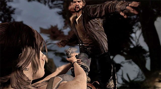 Po tym jak główna bohaterka złapie pistolet oddaj pojedynczy strzał w stronę atakującego ją bandyty (screen) - Unikaj wykrycia podczas próby ucieczki | 7 - Spotkanie na górze | Tomb Raider - Tomb Raider - poradnik do gry