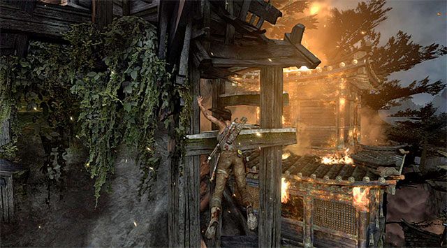 Podejdź do nowej ściany i w poznany już wcześniej sposób się od niej dobij, przedostając się tym samym na wyższą półkę - Broń się przed mieszkańcami wyspy | 7 - Spotkanie na górze | Solucja Tomb Raider - Tomb Raider - poradnik do gry