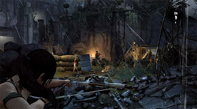 Bądź gotowy do szybkiego pozbycia się przeciwnika, który wyruszy w stronę tunelu, celując oczywiście w jego głowę i używając łuku - Przedostań się do bunkra | 8 - Wołanie o pomoc | Solucja Tomb Raider - Tomb Raider - poradnik do gry