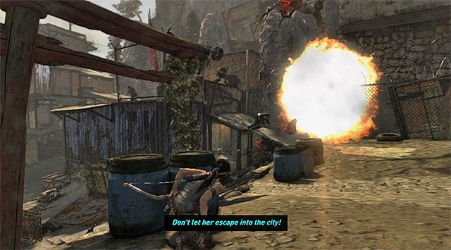 Podobnie jak w poprzedniej dużej bitwie rozglądaj się często na boki, gdyż wielu wrogów będzie zapewne próbowało ataków od flanki - Dotrzyj do bramy znajdującej się pod mostem | 14 - Autostrada do piekła, 15 - Wybawczyni - Tomb Raider - poradnik do gry