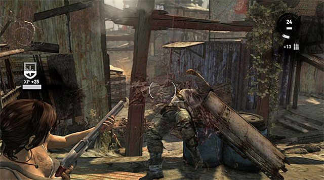 Musisz się niestety liczyć z tym, że oprócz zwykłych przeciwników w okolicy pojawi się też co najmniej dwóch osobników z tarczami - Dotrzyj do bramy znajdującej się pod mostem | 14 - Autostrada do piekła, 15 - Wybawczyni - Tomb Raider - poradnik do gry