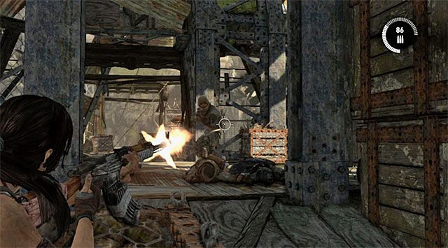 Niezależnie od tego czy zdecydowałeś się na opcjonalną eksplorację okolicy czy też nie, musisz się liczyć z tym, że po dotarciu na główny poziom młyna Lara zostanie zaatakowana przez nową grupę bandytów - 15 - Wybawczyni - Dotrzyj do miejsca pobytu Grima | 14 - Autostrada do piekła, 15 - Wybawczyni - Tomb Raider - poradnik do gry