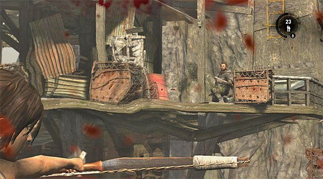 Po zlikwidowaniu wszystkich widocznych wrogów zeskocz na dół, bo dopiero wtedy w okolicy zaczną pojawiać się kolejni przeciwnicy - 15 - Wybawczyni - Dotrzyj do miejsca pobytu Grima | 14 - Autostrada do piekła, 15 - Wybawczyni - Tomb Raider - poradnik do gry