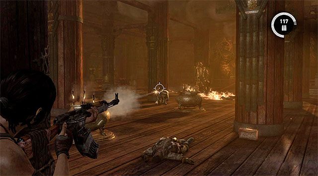 Tuż po rozpoczęciu walk zmień zasłonę na lepszą, chowając się za jednym ze słupów - Przetrwaj zasadzkę; Ucieknij z płonącej sali | 17 - Prosto w ogień | Tomb Raider - Tomb Raider - poradnik do gry