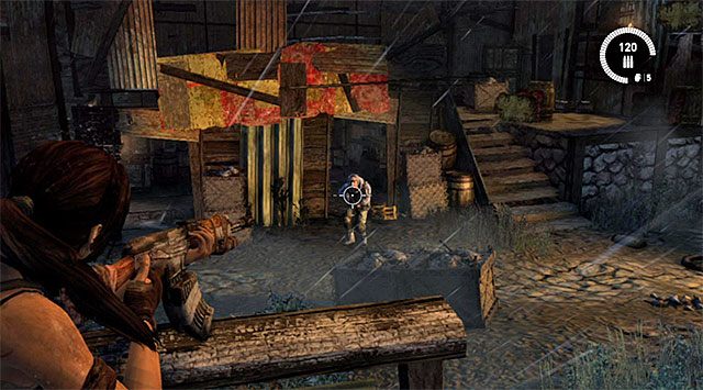 Zeskocz na niższą półkę i przystąp do atakowania pierwszej grupy przeciwników - Spotkaj się z Sam | 17 - Prosto w ogień | Solucja Tomb Raider - Tomb Raider - poradnik do gry