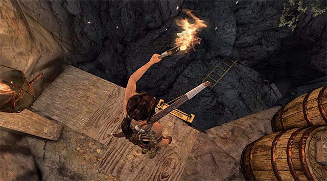 Podążaj bardzo liniową ścieżką, przechodząc po drodze po drewnianych belkach - Studnia Łez | Opcjonalne grobowce - Shantytown i Summit Forest | Tomb Raider - Tomb Raider - poradnik do gry