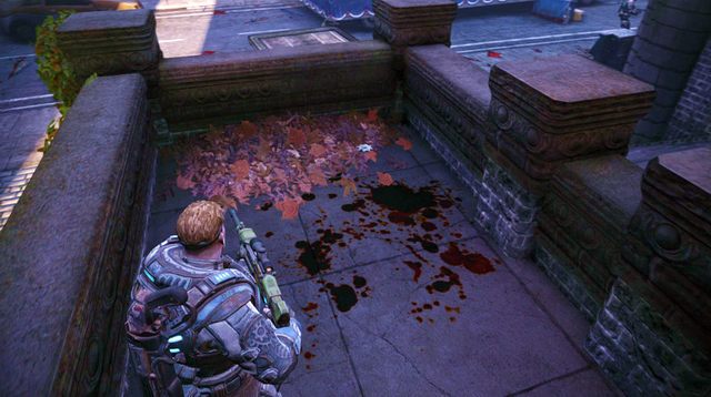 Przejdź w głąb korytarza, gdzie na lewej ścianie odnajdziesz symbol odtajnionej misji - Plac paradny - Przedmieścia Halvo Bay - Gears of War: Judgment - poradnik do gry