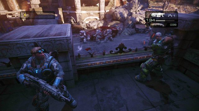 Przy samochodzie oraz na górze schodów po prawej stronie, odnajdziesz kusze z potykaczem, z czego jedną zostaw na późniejszą część misji - Ulica State - Przedmieścia Halvo Bay - Gears of War: Judgment - poradnik do gry