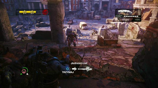 Na lewej ścianie odnajdziesz symbol odtajnionej misji - Ulica State - Przedmieścia Halvo Bay - Gears of War: Judgment - poradnik do gry