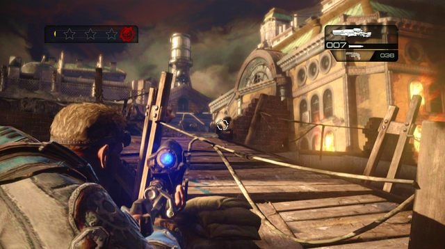 Skręć w lewo, przed schodami po prawej leży Granatnik oraz amunicja, którą zostaw do momentu zaakceptowania odtajnionej misji - Dachy przy ulicy State - Przedmieścia Halvo Bay - Gears of War: Judgment - poradnik do gry