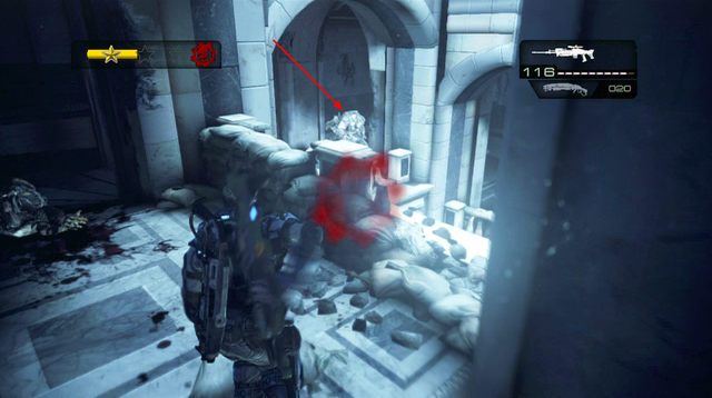 Schodząc w dół, będziesz atakowany przez kolejne grupy Parszywców, które mogą pojawić się również na twoich plecach - Taras - Budynek sądu - Gears of War: Judgment - poradnik do gry