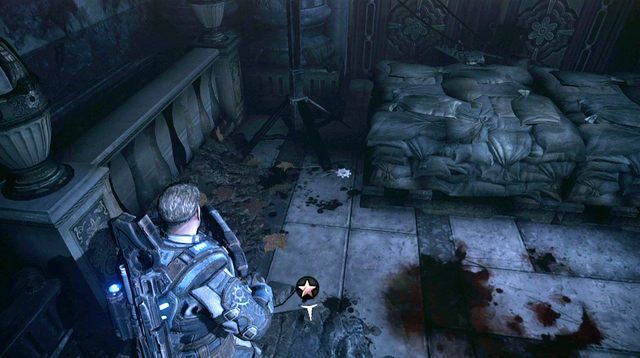 Na przeciwko drzwi prowadzących do następnej sekcji, po prawej stronie przy workach z piachem, odnajdziesz nieśmiertelnik - Taras - Budynek sądu - Gears of War: Judgment - poradnik do gry