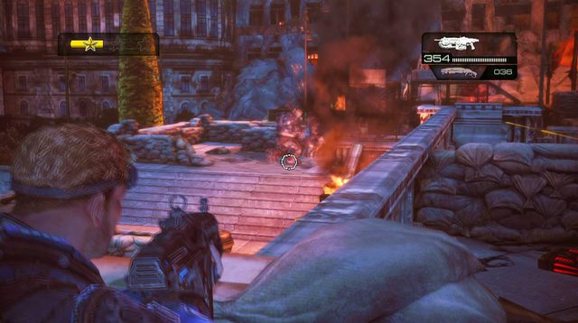 Po przejściu na prawo od dziury i przerywniku, schowaj się za klombem i zabij Oprawcę oraz następnego Boomera (zabierz amunicję do Granatnika, jeżeli ją upuści) - Schody - Budynek sądu - Gears of War: Judgment - poradnik do gry