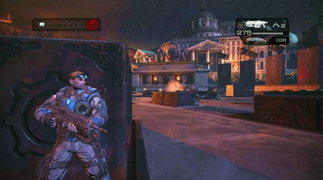 Kiedy zniszczysz ten punkt, boss wycofa się na dach budynku, a do walki włączą się pozostałe jednostki Karna (m - Plac martwego tyrana - Budynek sądu - Gears of War: Judgment - poradnik do gry