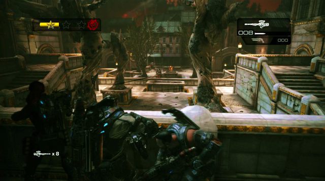 Oczyść drogę na szczyt schodów, chowając się często za osłonami - Ogrody muzeum - Muzeum chwały wojskowej - Gears of War: Judgment - poradnik do gry